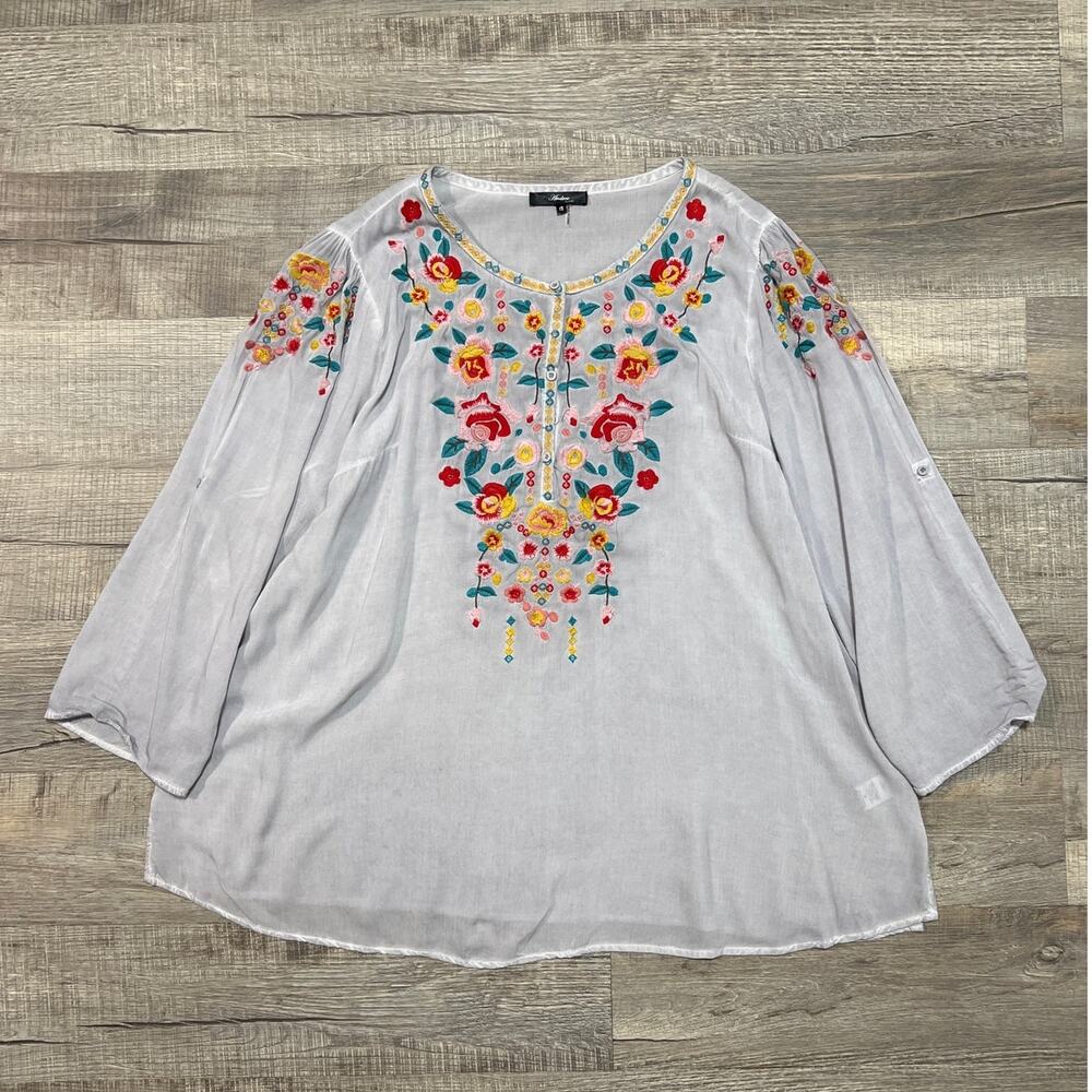 Andree by UNIT Embroidered Floral Tunic Top Long Roll Tab Sleeve Cottage Peasant